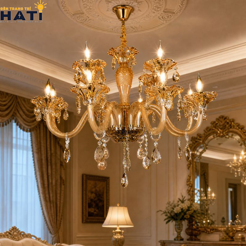 Diện mạo vương giả và cân đối của Đèn chùm cổ điển Sible 12 bóng màu nâu đồng giả cổ tạo điểm nhấn quý phái cho không gian biệt thự