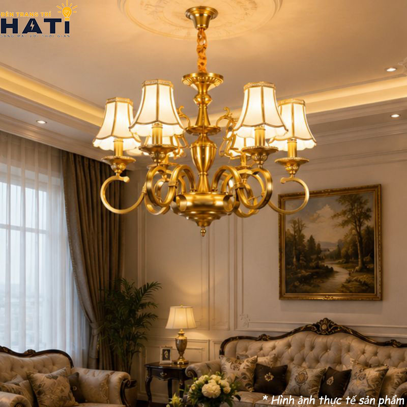 Cận cảnh chao hoa thủy tinh mờ gia nhiệt phiên bản Đèn chùm đồng nguyên chất Tious 6 bóng chuẩn đui xoay E27 giúp làm mềm quang thông và triệt tiêu góc chói lóa trực diện