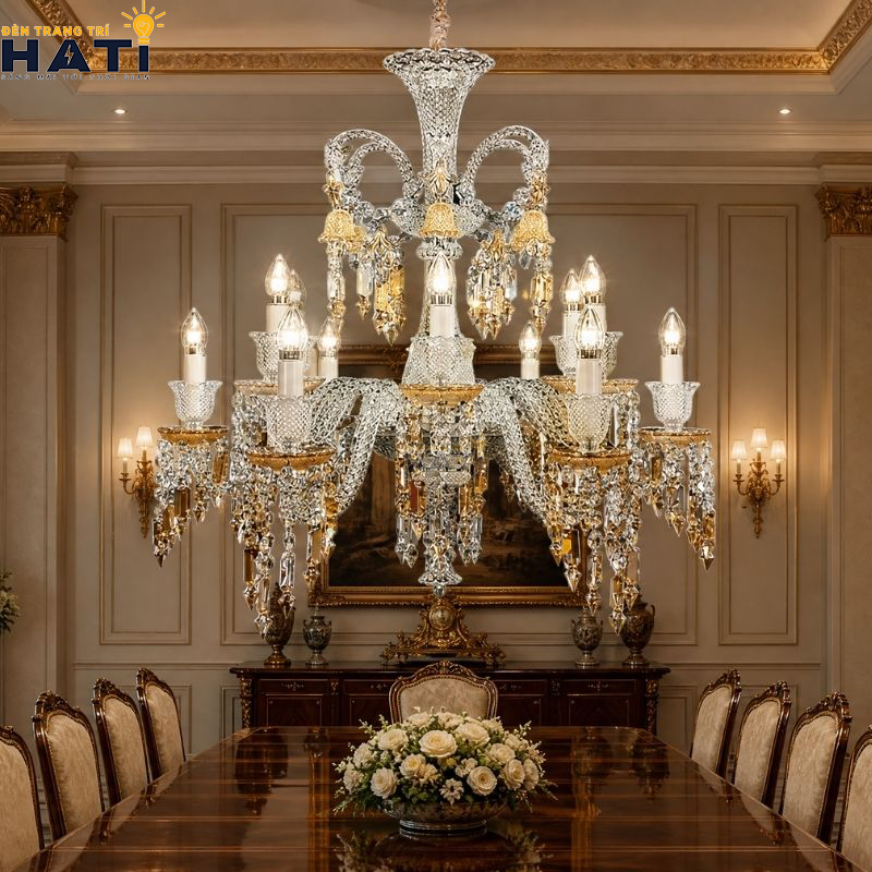 Diện mạo vương giả và cân đối của Đèn chùm pha lê Pina màu vàng champagne tạo điểm nhấn quý phái cho không gian biệt thự