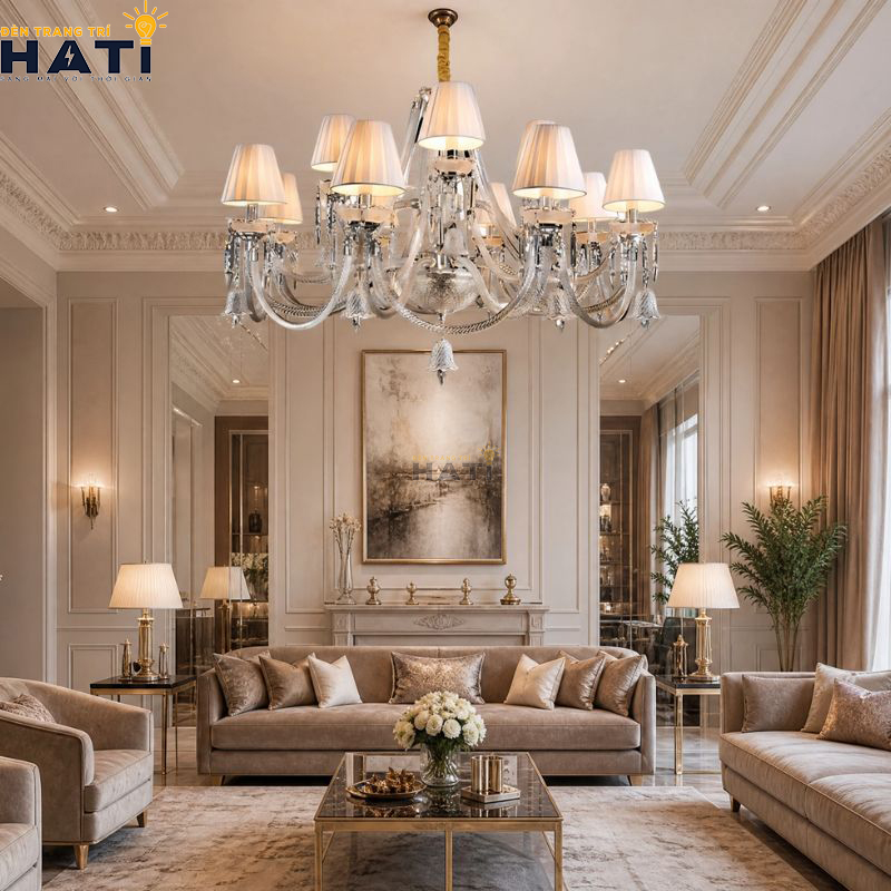 Cận cảnh chao hoa thủy tinh mờ gia nhiệt mẫu đèn chùm tân cổ điển Amphill 12 bóng hướng luồng sáng gián tiếp lên trần thạch cao bảo vệ thị lực