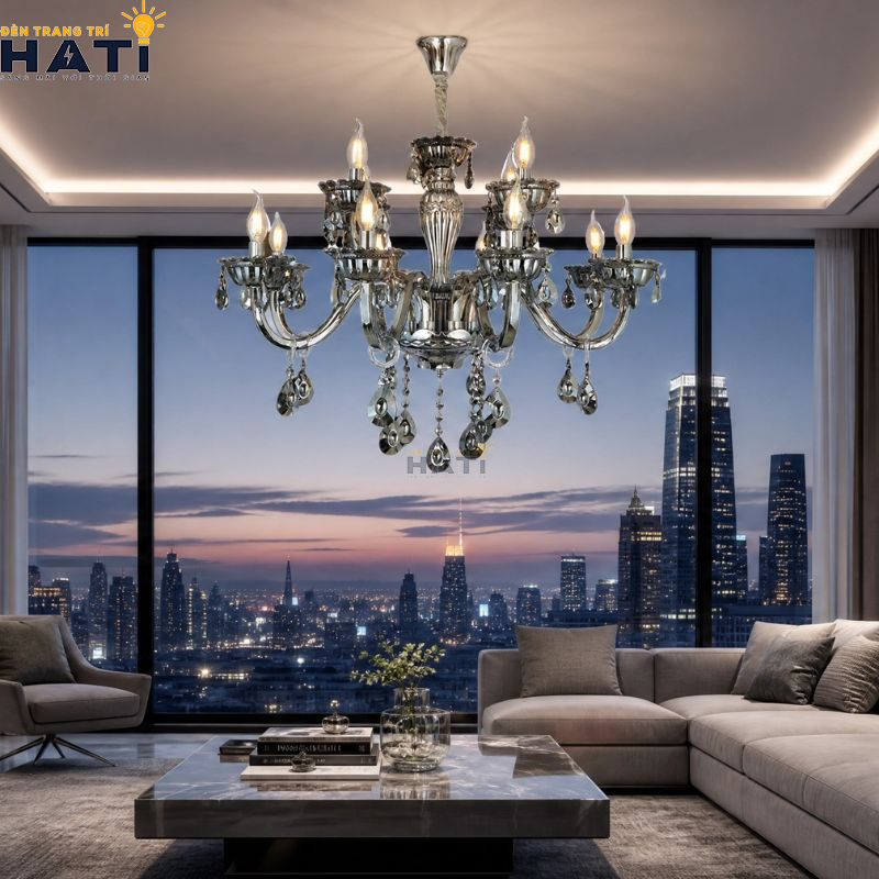 Cận cảnh các thanh lăng kính pha lê K9 vát cạnh giác kim cương đèn chùm pha lê Cosy 12 bóng khúc xạ ánh sáng lộng lẫy