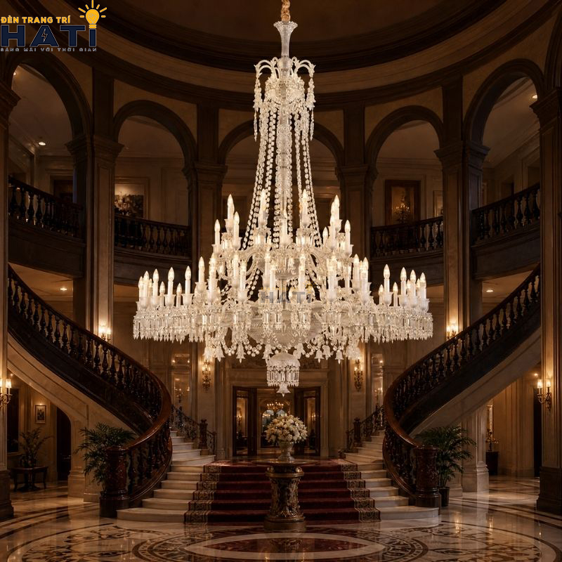 Diện mạo vương giả và cân đối của Đèn chùm pha lê Grumy màu vàng champagne tạo điểm nhấn quý phái cho không gian biệt thự