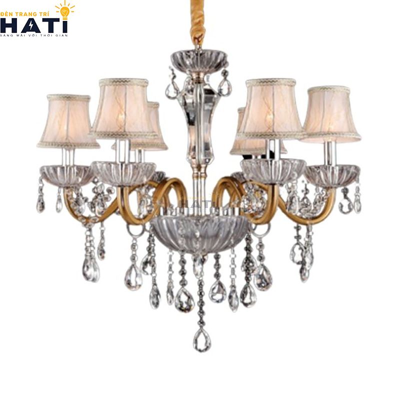 Hệ khuyên chốt khóa dải pha lê K9 của đèn chùm pha lê Harvest 6 bóng định hình tia tán sắc lộng lẫy và chịu lực an toàn