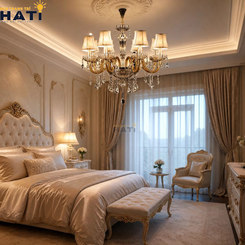 Diện mạo vương giả và cân đối của Đèn chùm pha lê Harvest 8 bóng màu vàng champagne tạo điểm nhấn quý phái cho không gian biệt thự