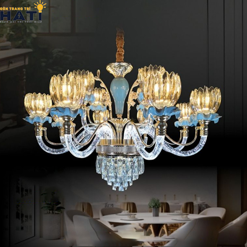 Hệ khuyên chốt khóa dải pha lê K9 của đèn chùm pha lê Latern định hình tia tán sắc lộng lẫy và chịu lực an toàn