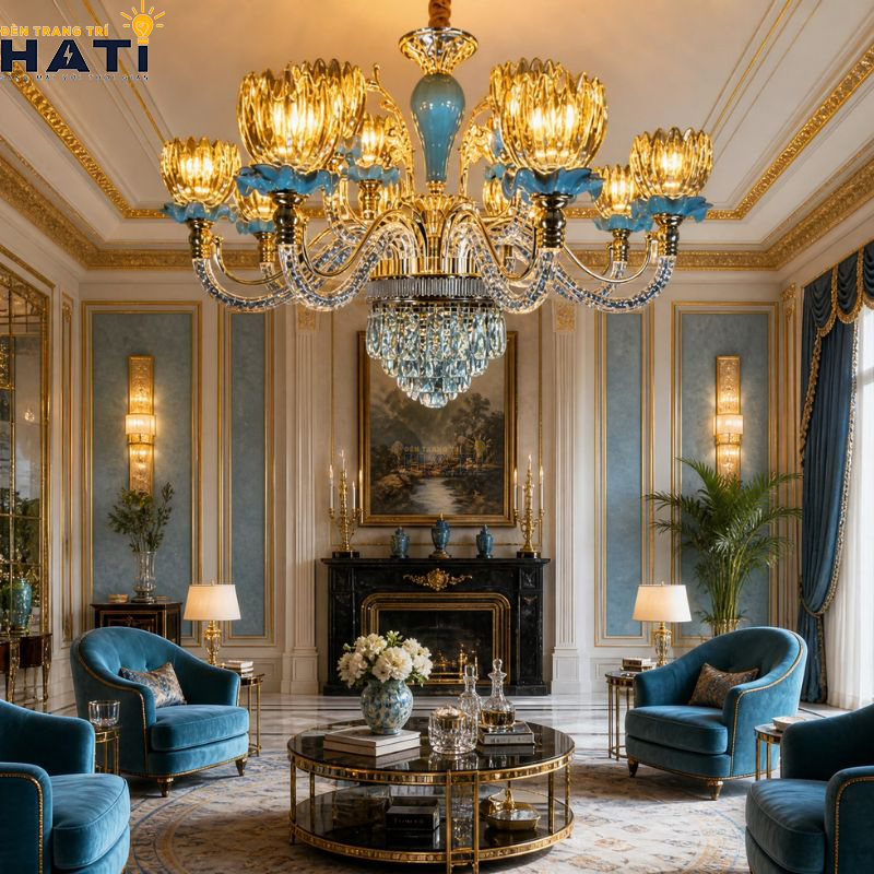 Diện mạo vương giả và cân đối của Đèn chùm pha lê Latern màu vàng champagne tạo điểm nhấn quý phái cho không gian biệt thự