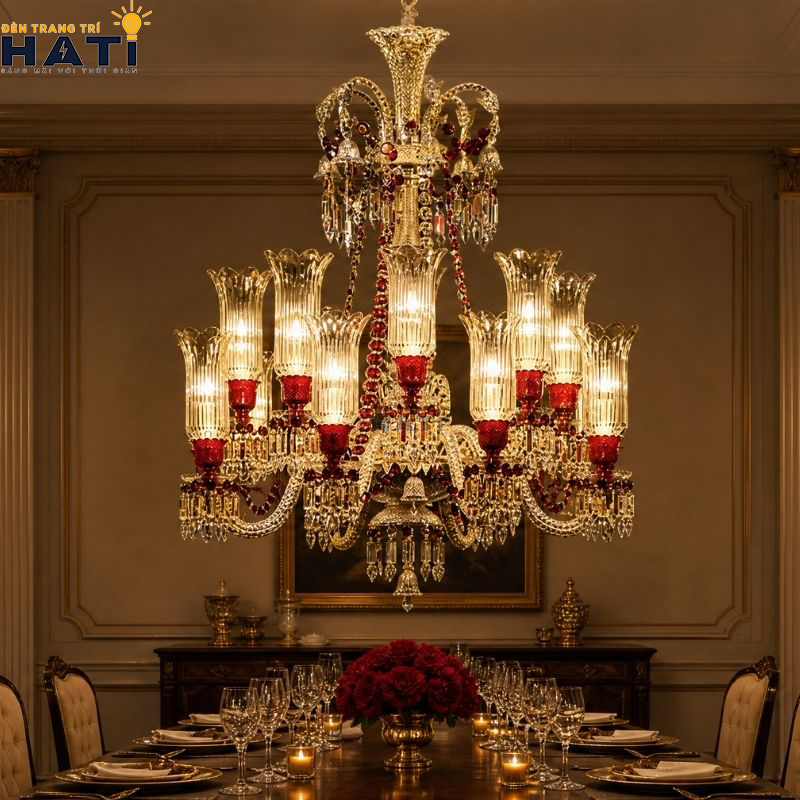Diện mạo vương giả và cân đối của Đèn chùm pha lê Minisi màu vàng champagne tạo điểm nhấn quý phái cho không gian biệt thự
