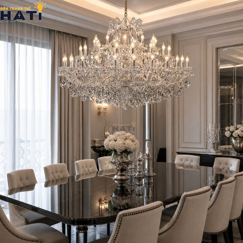 Cận cảnh các thanh lăng kính pha lê K9 vát cạnh giác kim cương đèn chùm pha lê Shivin 54 bóng khúc xạ ánh sáng lộng lẫy