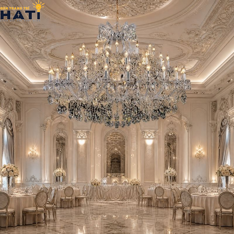 Gối đỡ trục tâm tiện nguyên khối của đèn chùm Shivin 54 bóng phân bổ tải trọng đối xứng phẳng hoàn mỹ trên trần đại sảnh