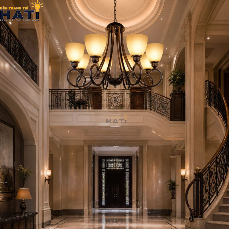 Bố cục đối xứng tổng thể đèn chùm tân cổ điển Cautis 8 bóng màu nâu đồng cổ điển