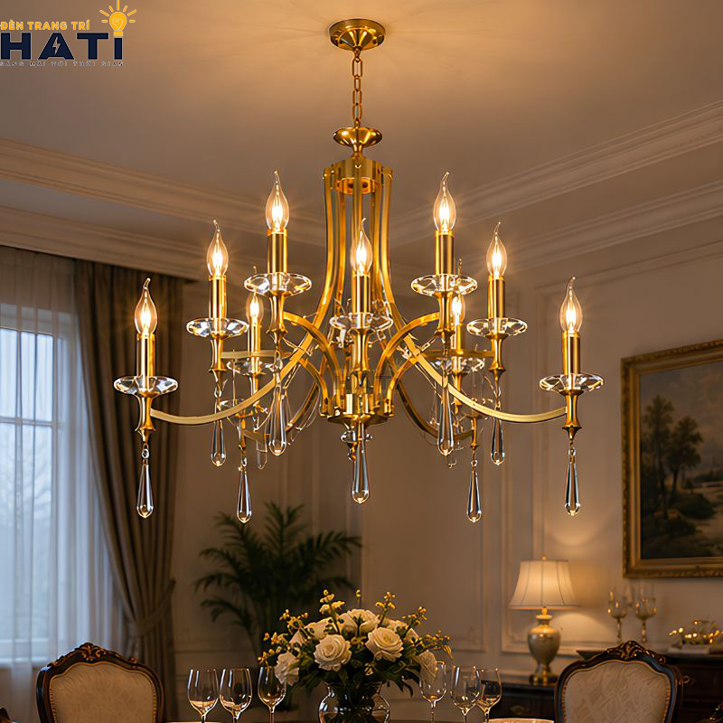 Tổng thể đèn chùm tân cổ điển Creati 5+5 bóng màu nâu đồng sang trọng