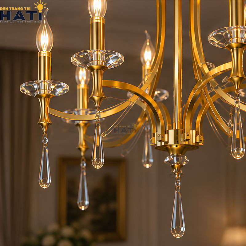 Chi tiết tay kim loại uốn cong và kết cấu cơ khí đèn chùm Creati 10 bóng