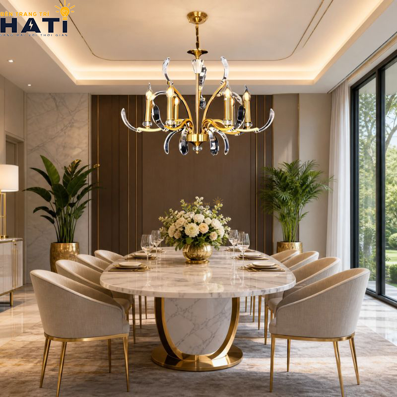 Phối cảnh tổng thể đèn chùm tân cổ điển Emotion 6 bóng màu nâu đồng