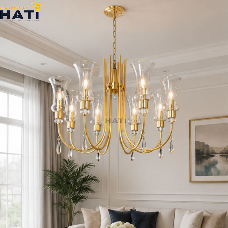 Tổng thể đèn chùm tân cổ điển Lligent 8 bóng màu vàng đồng sang trọng