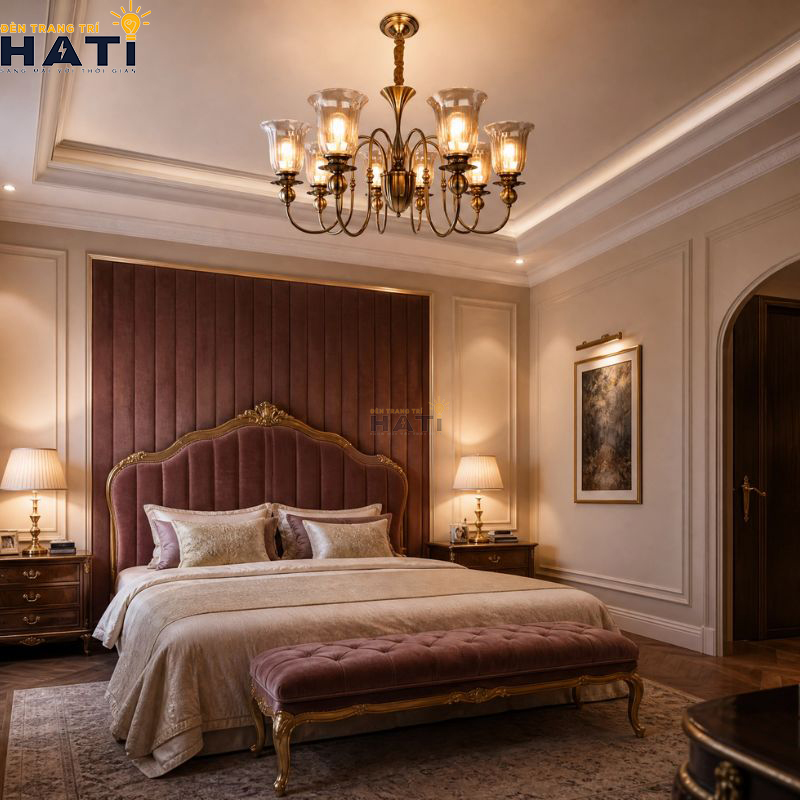 Diện mạo vương giả và cân đối của Đèn chùm tân cổ điển Luminai màu nâu đồng giả cổ tạo điểm nhấn quý phái cho không gian biệt thự