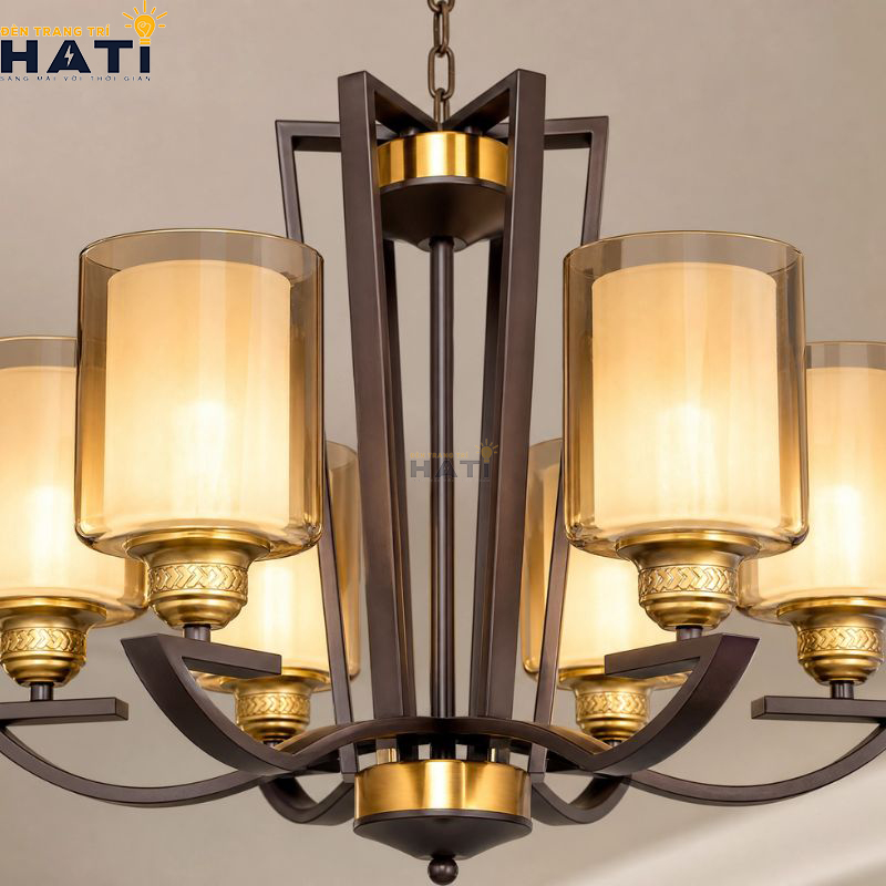 Chi tiết ngàm ren cơ khí và tay đúc uốn lượn đèn chùm Lytical 6 bóng