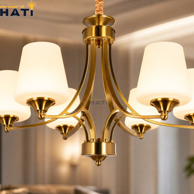 Góc chụp chi tiết mối nối cơ khí và lớp sơn tĩnh điện nâu đồng của đèn Nally 6 bóng