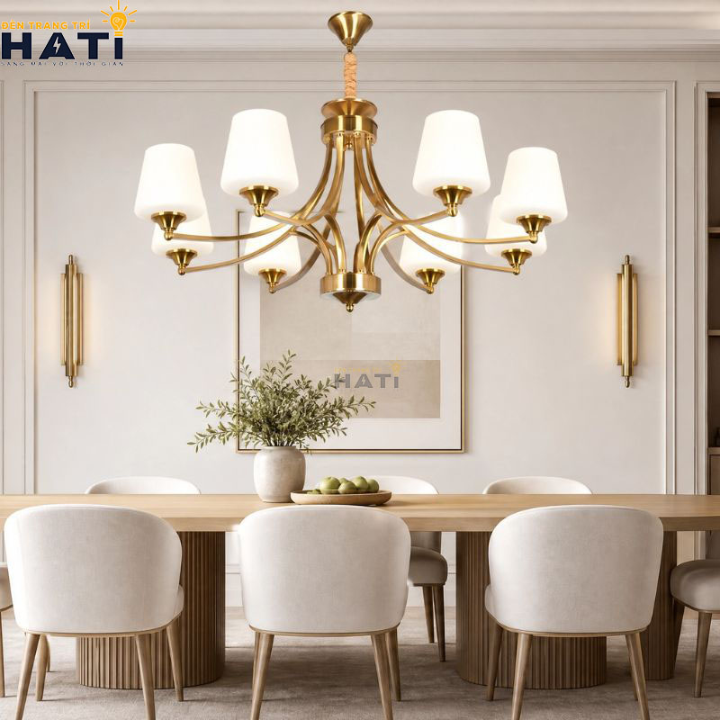 Chi tiết tay uốn cong và kết cấu cơ khí tinh xảo của đèn chùm Nally 8 bóng