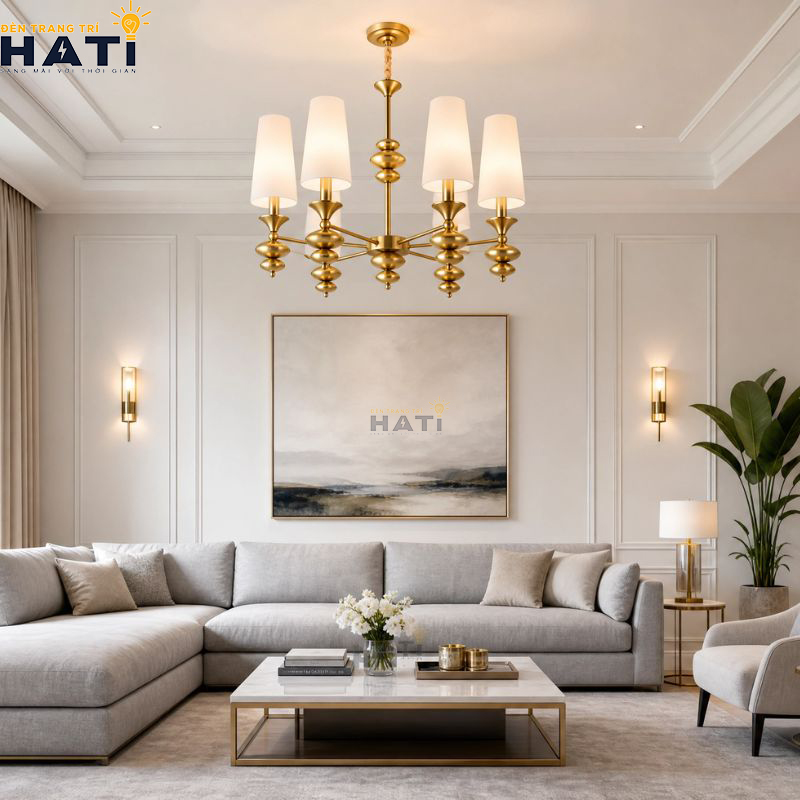 Bố cục đối xứng tâm thanh thoát của đèn chùm tân cổ điển Organi 6 bóng màu nâu đồng
