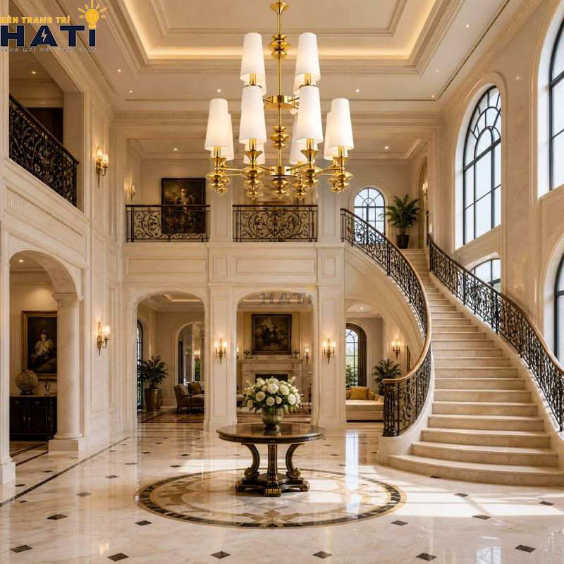 Bố cục giật cấp 2 tầng đối xứng tâm bề thế của đèn chùm tân cổ điển Organi 8+4 bóng