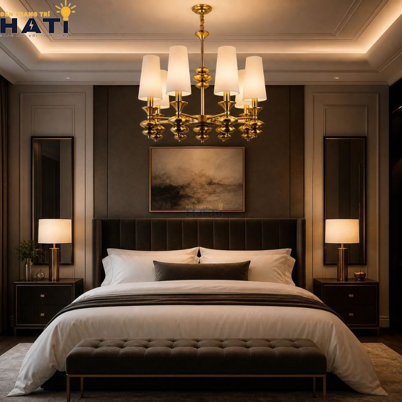 Bố cục đối xứng tâm thanh lịch của đèn chùm tân cổ điển Organi 8 bóng màu nâu đồng