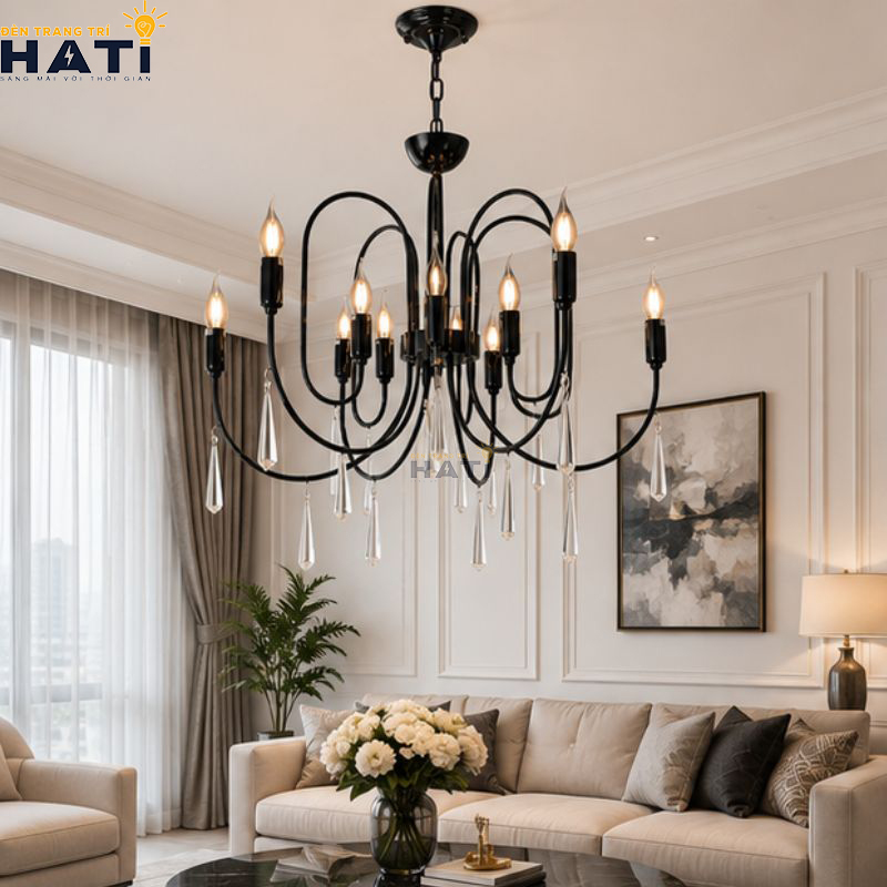 Cận cảnh chao hoa thủy tinh và chi tiết cơ khí đèn chùm Prising 6+6 bóng