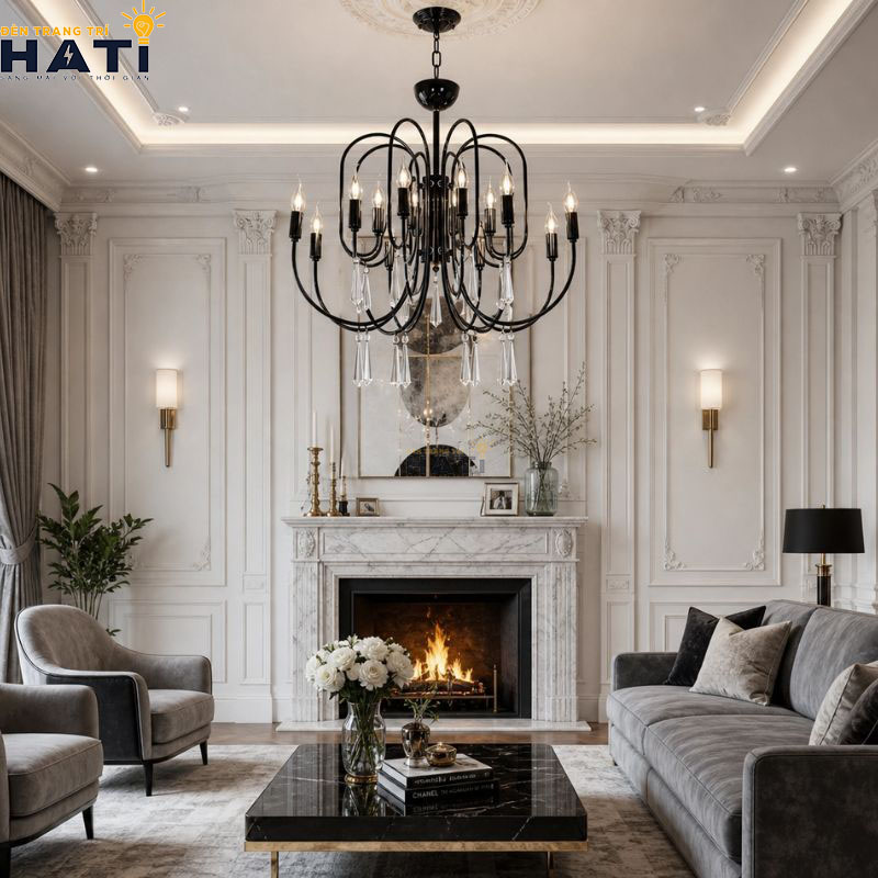 Cận cảnh chao thủy tinh cánh hoa và khung tay uốn lượn đèn chùm Prising 16 bóng
