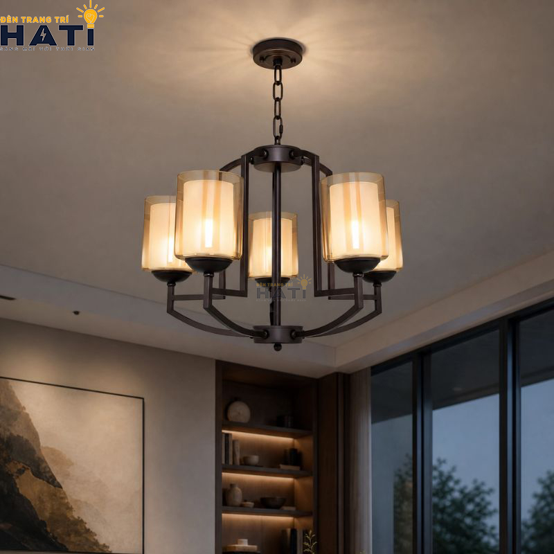 Tổng thể đèn chùm tân cổ điển Promise 5 bóng màu nâu đồng thanh lịch