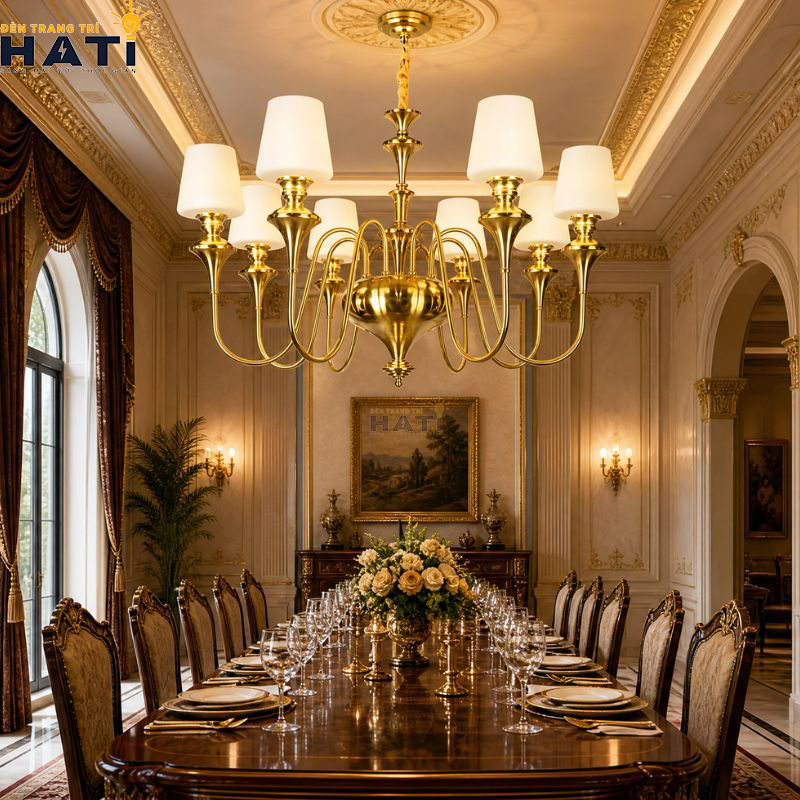 Chi tiết miệng chao xòe cánh hoa đúc mờ tinh xảo mẫu đèn chùm tân cổ điển Respon 8 bóng giúp làm mềm quang thông và triệt tiêu góc chói lóa trực diện