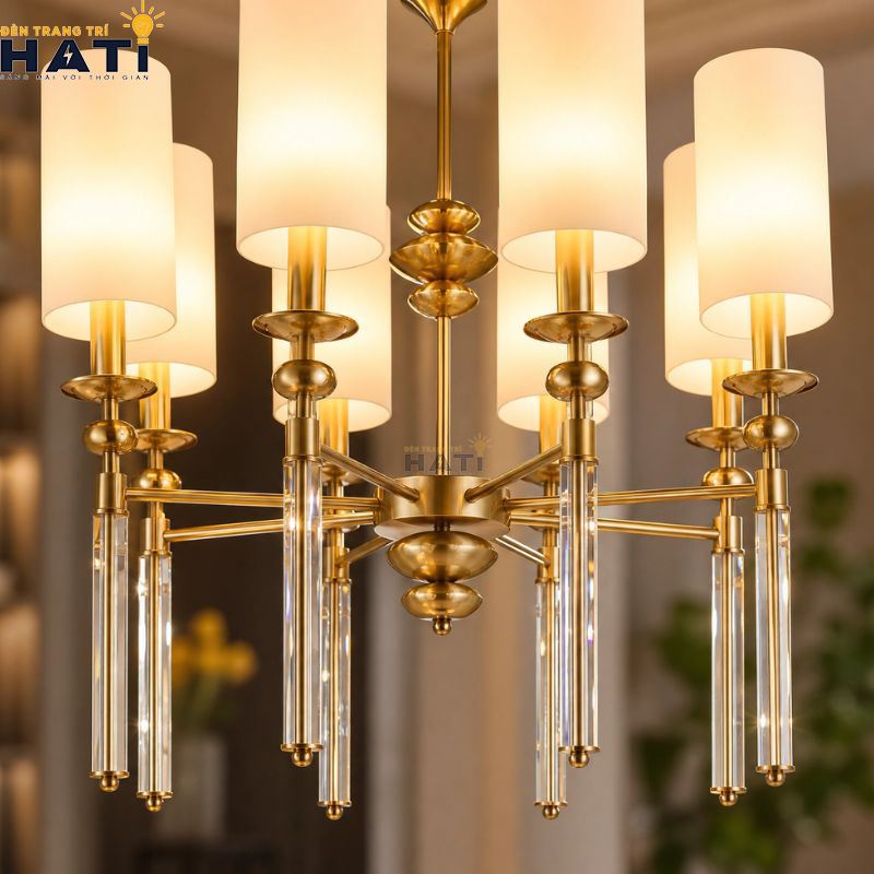 Bố cục đối xứng tâm bề thế của đèn chùm tân cổ điển Sible 8 bóng màu nâu đồng