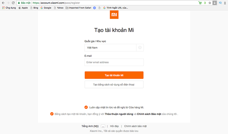 Truy cập trang đăng ký MI account tại account.xiaomi.com