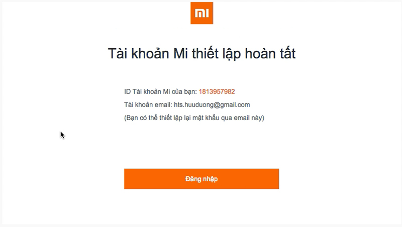Đăng ký thành công tài khoản MI Account