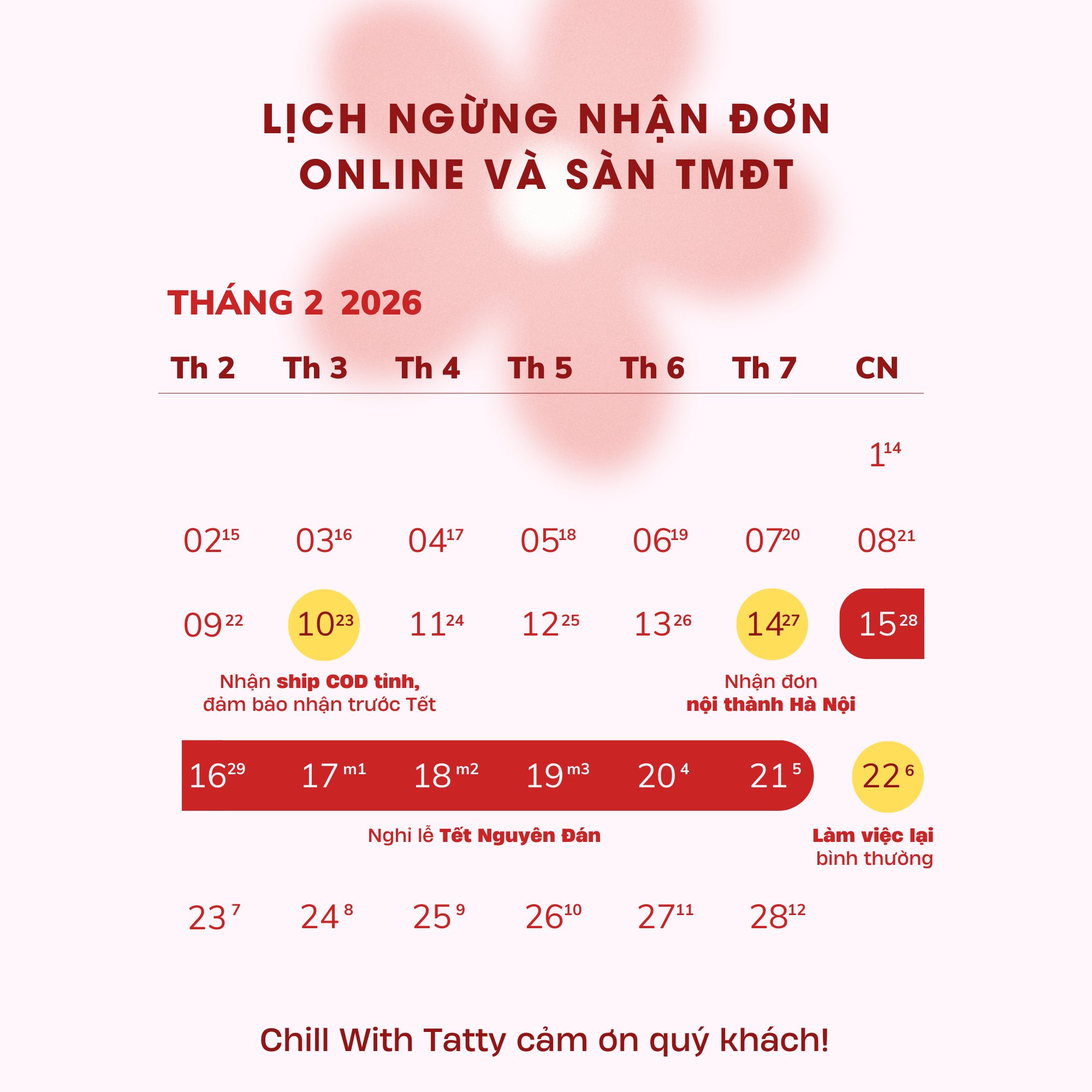 📢 THÔNG BÁO LỊCH NHẬN ĐƠN & NGHỈ TẾT – CHILL WITH TATTY 🧧