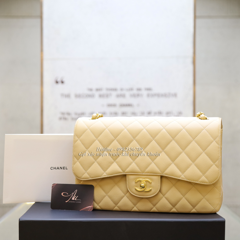KG-Túi Chanel jumbo classic màu beige caviar khoá vàng