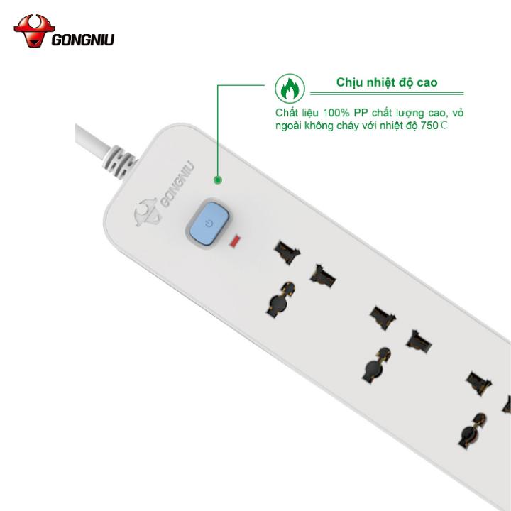 Ổ Cắm Điện Gongniu 3 Ổ Đa Năng + 2 USB 1 Công Tắc – Công Suất 10A/250/2500W – Trắng – Chính Hãng (N103U)