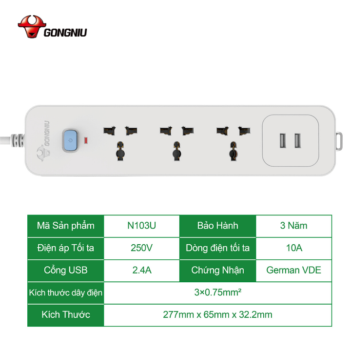 Ổ Cắm Điện Gongniu 3 Ổ Đa Năng + 2 USB 1 Công Tắc – Công Suất 10A/250/2500W – Trắng – Chính Hãng (N103U)