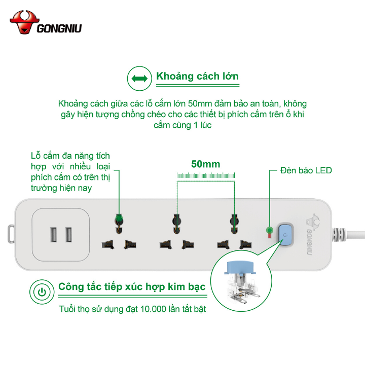 Ổ Cắm Điện Gongniu 3 Ổ Đa Năng + 2 USB 1 Công Tắc – Công Suất 10A/250/2500W – Trắng – Chính Hãng (N103U)