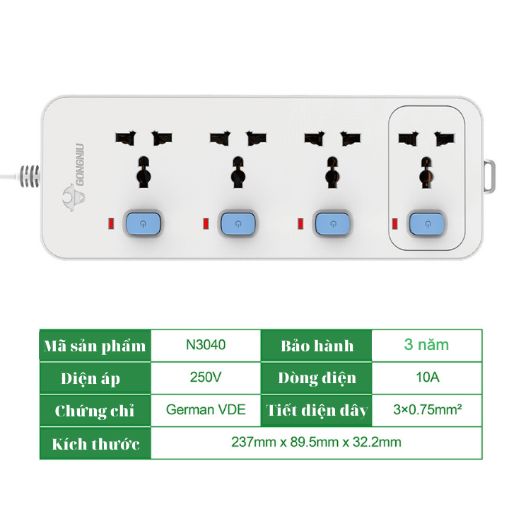 Ổ Cắm Điện Gongniu 4 Ổ Đa Năng 4 Công Tắc – Công Suất 10A/250/2500W – Trắng – Chính Hãng (N3040)