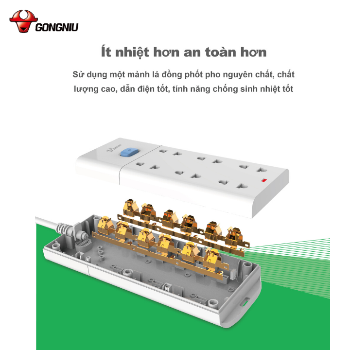 Ổ Cắm Điện Gongniu Đa Năng 6 ổ 1 Công Tắc – Công Suất 10A/250/2500W – Trắng – Chính Hãng (V1060)