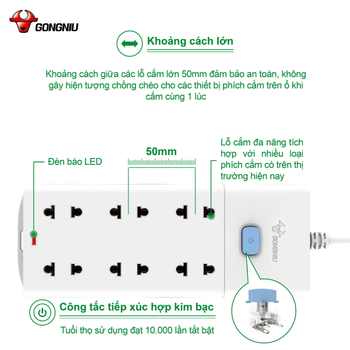 Ổ Cắm Điện Gongniu Đa Năng 6 ổ 1 Công Tắc – Công Suất 10A/250/2500W – Trắng – Chính Hãng (V1060)