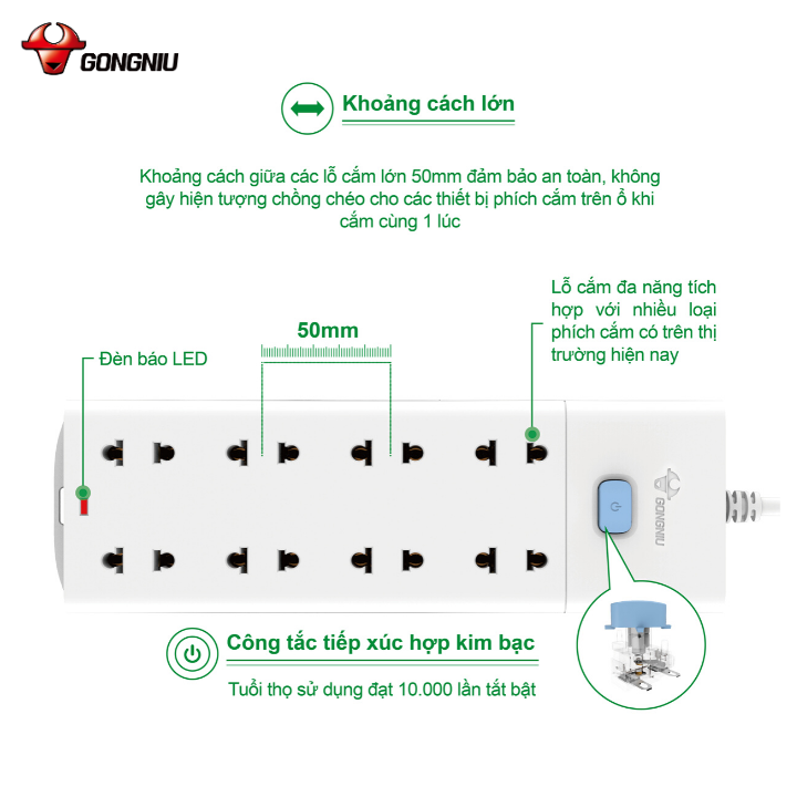 Ổ Cắm Điện Gongniu Đa Năng 8 Ổ 1 Công Tắc – Công Suất 10A/250/2500W – Trắng – Chính Hãng (V1080)