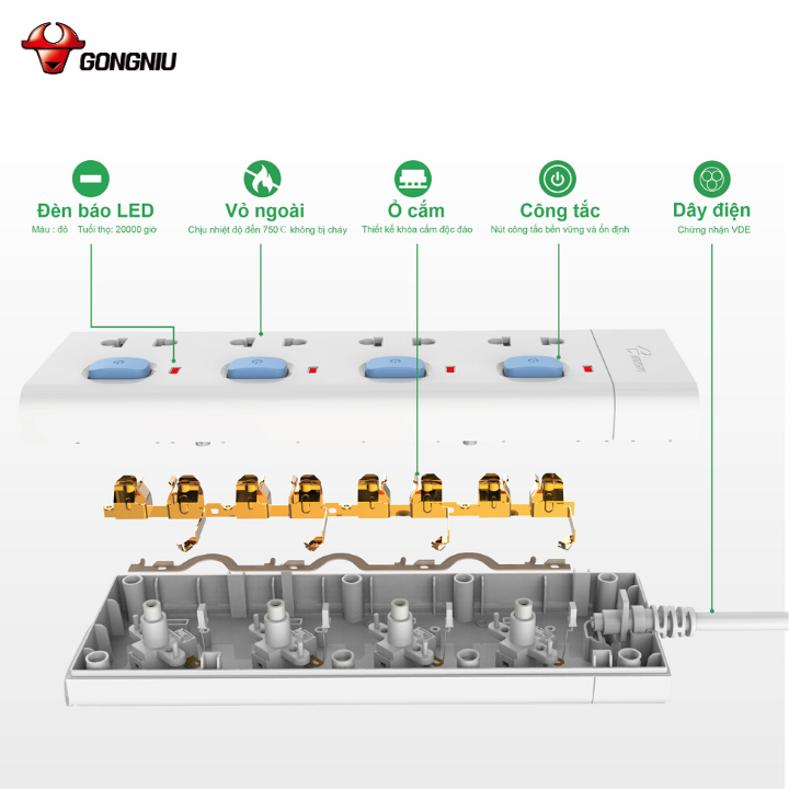 Ổ Cắm Điện Gongniu Đa Năng 4 Ổ 4 Công Tắc – Công Suất 10A/250/2500W – Trắng – Chính Hãng (V3040)