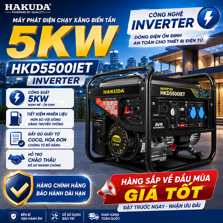Máy Phát Điện Chạy Xăng Inverter 5KW Hakuda HKD5500IET – Giải Pháp Năng Lượng Thông Minh Tiết Kiệm Tối Đa