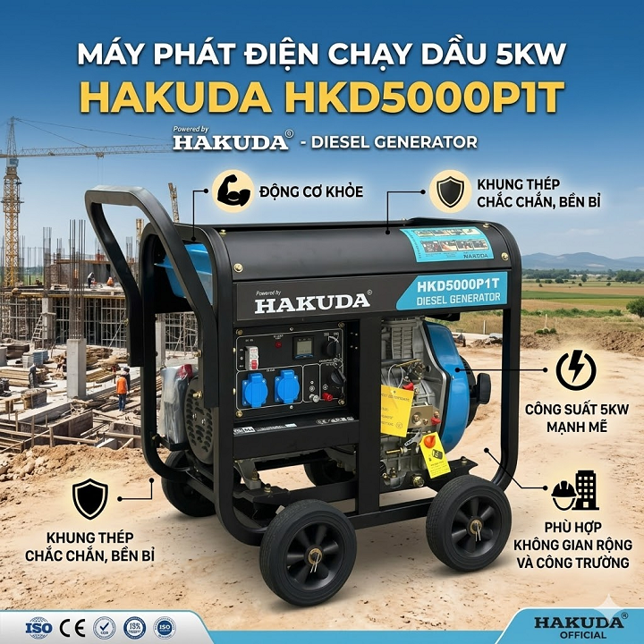 Máy Phát Điện Chạy Dầu 5KW Hakuda HKD5000P1T: Năng lượng cho công trường và không gian rộng