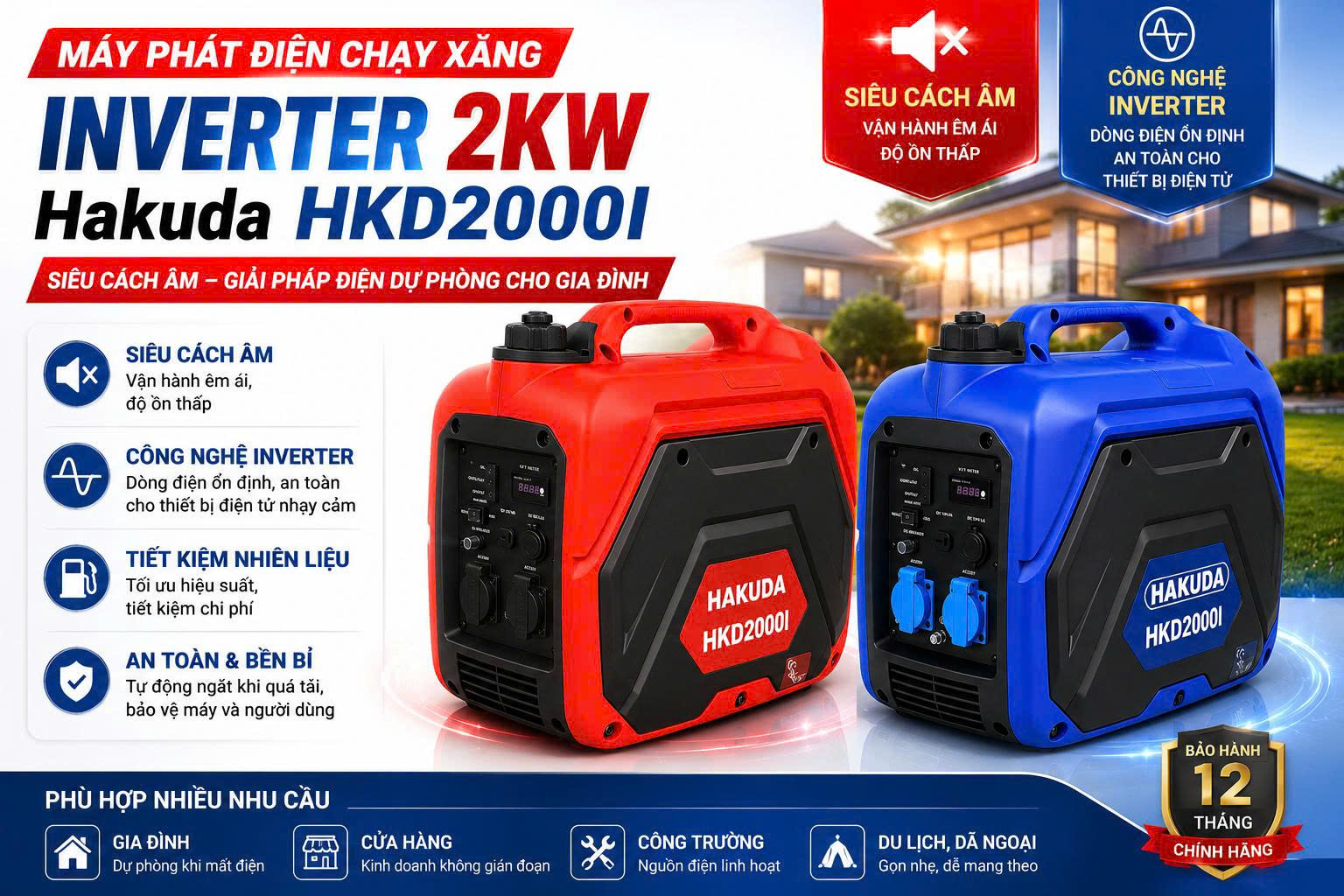 Máy Phát Điện Chạy Xăng Inverter 2KW Hakuda HKD2000I Siêu Cách Âm – Giải Pháp Điện Dự Phòng Cho Gia Đình