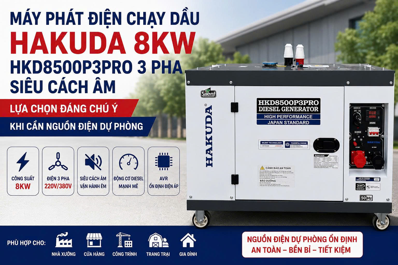 Máy Phát Điện Chạy Dầu Hakuda 8KW HKD8500P3PRO 3 Pha Siêu Cách Âm: Lựa Chọn Đáng Chú Ý Khi Cần Nguồn Điện Dự Phòng