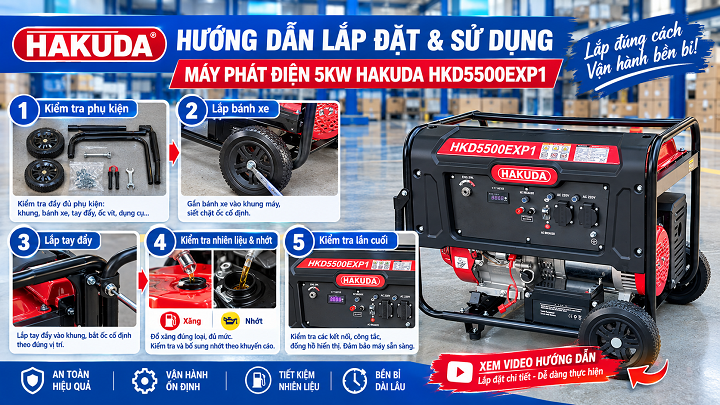 Hướng Dẫn Lắp Đặt Và Sử Dụng Máy Phát Điện Chạy Xăng 5KW Hakuda HKD5500EXP1 An Toàn, Đúng Cách