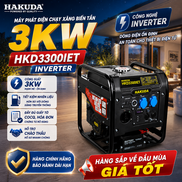 Máy Phát Điện Chạy Xăng Inverter 3KW Hakuda HKD3300IET – Giải Pháp Điện Dự Phòng Tiết Kiệm, Êm Ái Và Hiện Đại