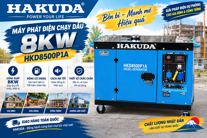 Máy Phát Điện Chạy Dầu HAKUDA 8KW HKD8500P1A – Công Suất Mạnh, Vận Hành Ổn Định