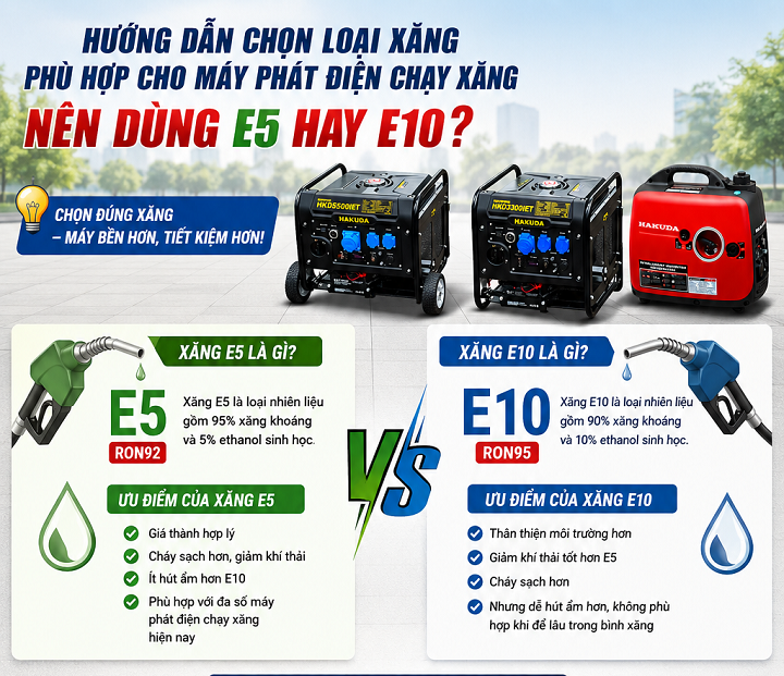 Hướng Dẫn Chọn Loại Xăng Phù Hợp Cho Máy Phát Điện Chạy Xăng – Nên Dùng E5 Hay E10?